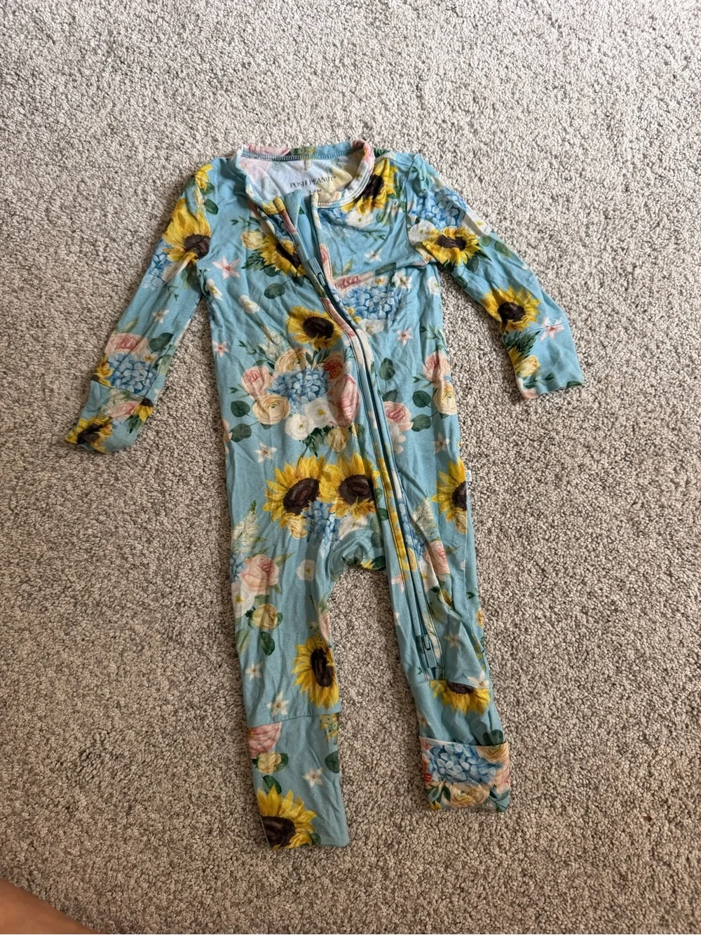 Posh peanut Floral Sunflower Zip-Front Kids One-Piece Romper - Blue
